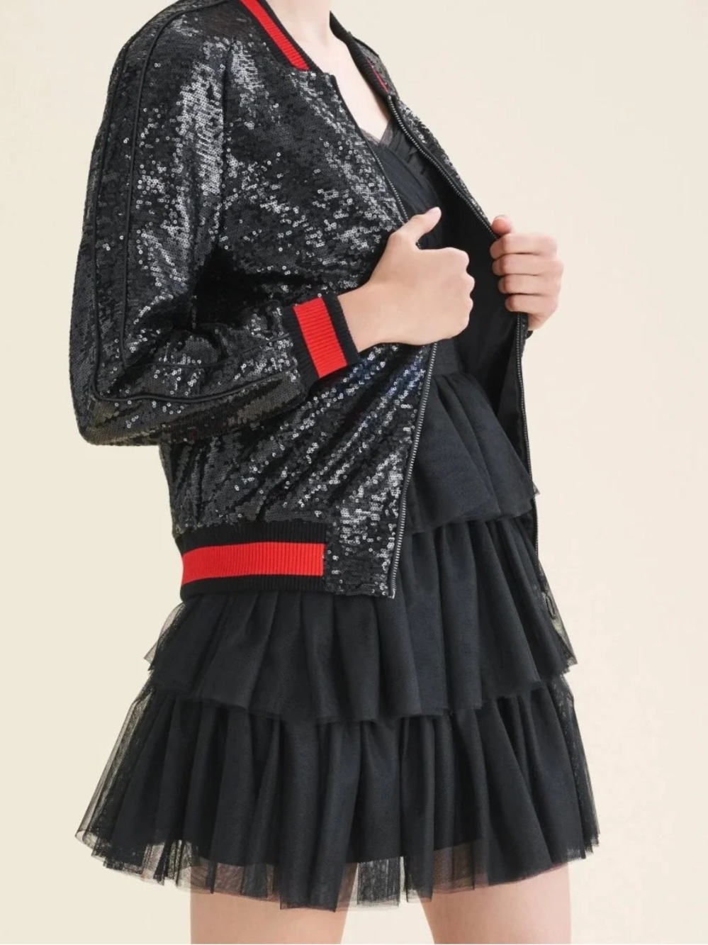 Anthropologie Maje Sequin Black Red Embroidered Bomber Moto Jacket - Picture 2 of 5
